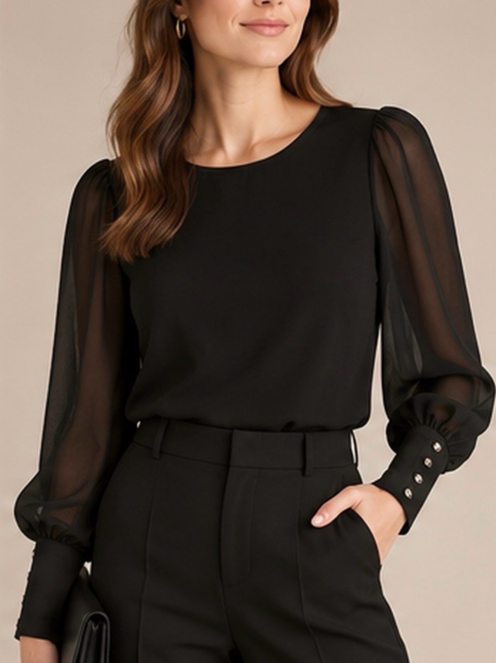 White House Black Market Black Sheer Puff Sleeve Blouse XS